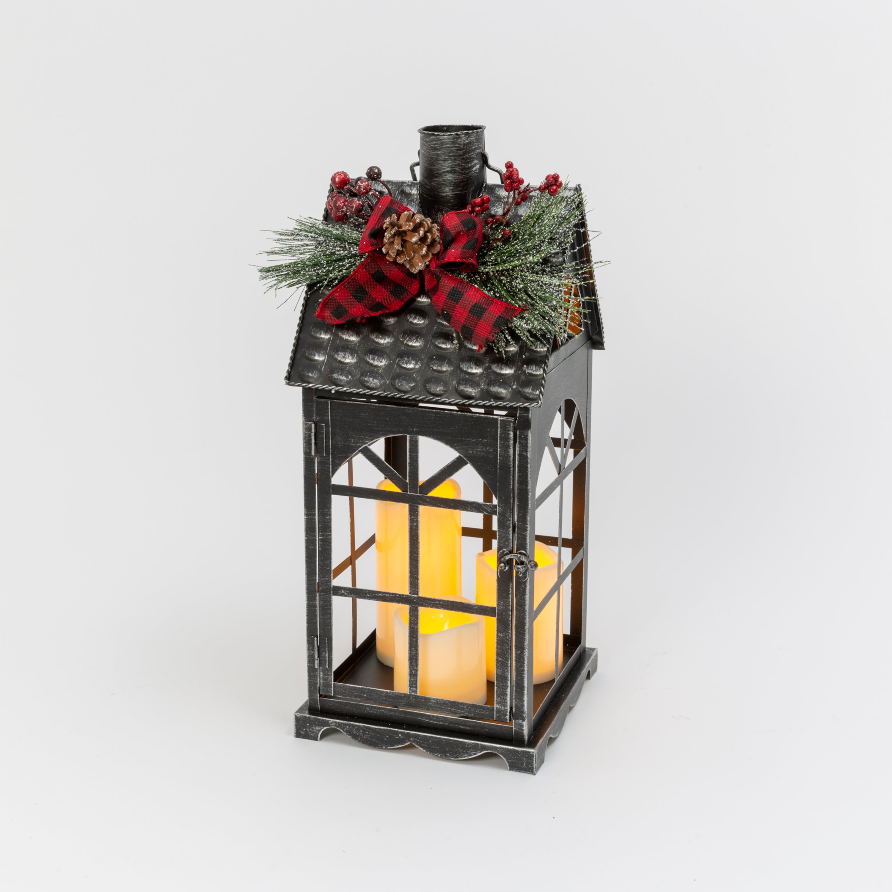 Christmas Holiday Lantern with Faux Floral Accents, LED candle